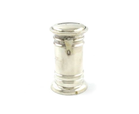 An Edwardian novelty silver pillar box money box. by Saunders and Shepherd, Chester 1903, plain form, hinged cover with a loo
