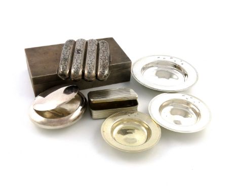 A mixed lot, comprising silver items: a cigarette box, by Asprey and Co., London 1942, rectangular form, engine-turned decora