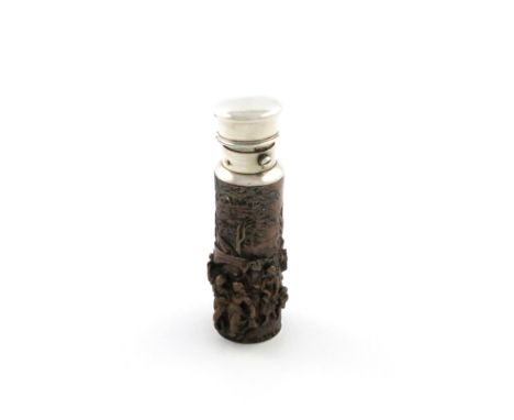 A Victorian silver and mixed metal scent bottle, the inside of the cover mark S. Mordan and Co., cylindrical form, the electr