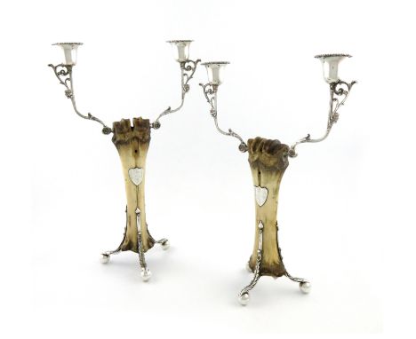 Fred Archer interest: A pair of Victorian silver-mounted ox-bone candlesticks, by George Wish, Sheffield 1886, the central bo