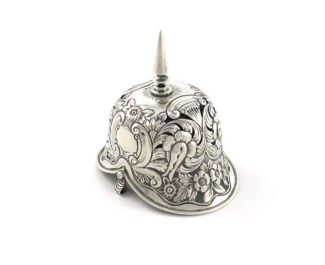 A late-Victorian novelty silver helmet table bell, by Samuel Walton Smith, Birmingham 1890, modelled as a Home Service Office