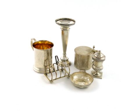 A mixed lot of silver items, various dates and makers, comprising: a George III mustard pot, by Augustin Le Sage, London 1764