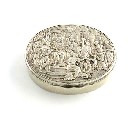 A George IV large silver snuff box, by A. J. Strachen, London 1821, oval form, engine-turned decoration, the hinged cover wit