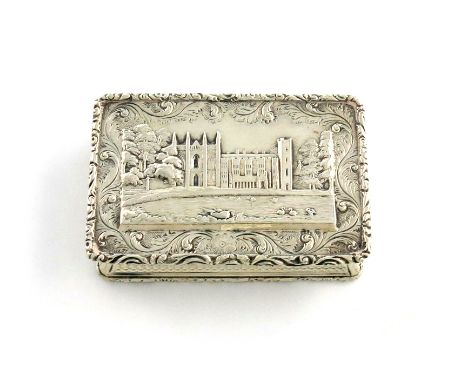 A William IV silver 'castle-top' snuff box, Newstead Abbey, by Taylor and Perry, Birmingham 1836, rectangular form, engine-tu