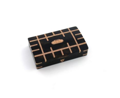 λA 19th century French gold and silver-mounted tortoiseshell snuff box, rectangular form, modelled as a chest, with engraved 
