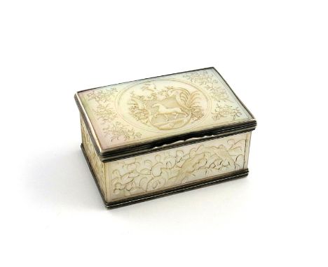 A George III silver-mounted mother-of-pearl snuff box, unmarked, circa 1800-1820, rectangular form, reeded mounts, the hinged