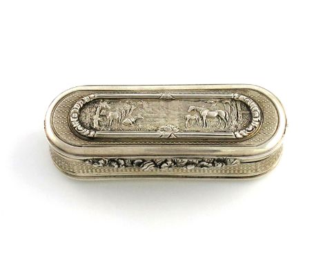 A George IV silver snuff box, by Isaac Jones, London 1825, rounded rectangular form, engine-turned decoration, the hinged cov