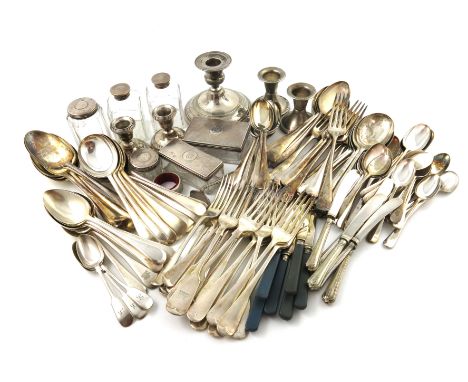 A mixed lot, comprising: a pair of dwarf candlesticks, Birmingham 1958, six silver-mounted toilet jars and boxes, plus electr