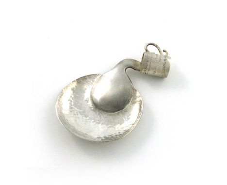 By Rachel Llewellyn, a modern silver 'spilt-milk' caddy spoon, London 2010, spot-hammered shaped circular bowl, the handle fo