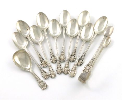 A set of ten Victorian teaspoons, a caddy spoon and a pair of sugar tongs, by Henry Holland, London 1867, the terminals with 