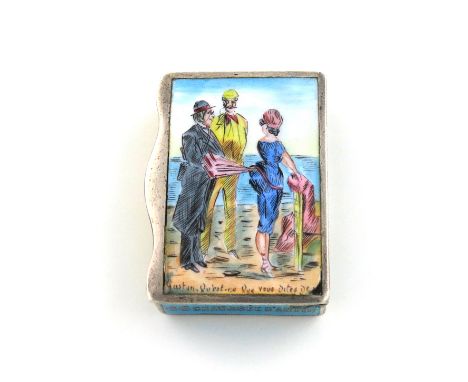 A French silver and enamel vesta case, rectangular form, the hinged cover enamelled with a scene of a man lifting up a lady's