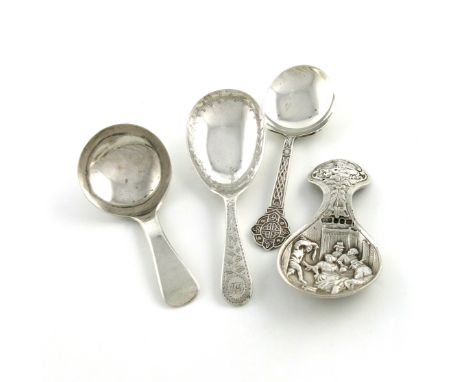 A small collection of four silver caddy spoons, comprising: a plain one by Joseph Willmore, Birmingham 1825, a Victorian one 