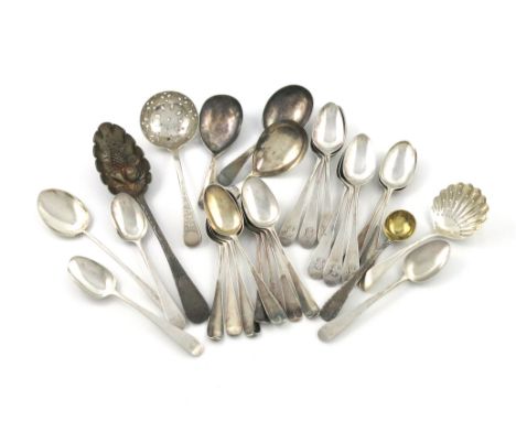 A mixed lot of silver flatware, various dates and makers, comprising: a set of six George III old English teaspoons, by Peter