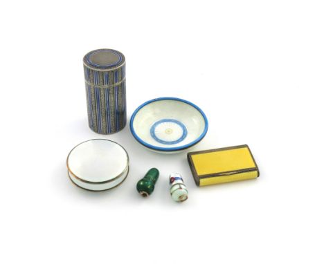 A mixed lot of silver and enamel items, comprising: a Norwegian silver-gilt mounted enamel circular box by Marius Hammer, Ber