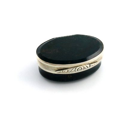 A George IV silver-mounted bloodstone stone snuff box, by Joseph Taylor, Birmingham 1824, oval form, reeded mounts, foliate t