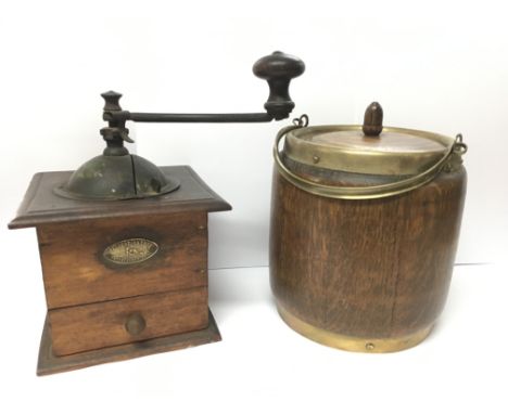 Victorian wooden coffee grinder and wooden biscuit barrel