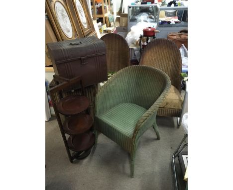 A collection of Lloyd Loom three chairs one with metal supports a cabinet a tin trunk and a mahogany cake stand (a lot)