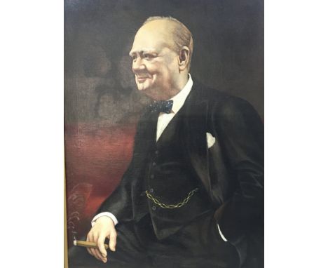A framed oil painting depicting Sir Winston Churchill half length portrait. Indistinctly signed. 125x95cm