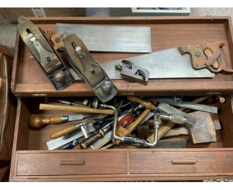 2 tools boxes and 1 tool bag with a collection of tools including wood working planes, Marples chisels etc.