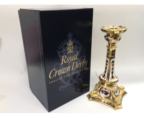 A boxed Royal Crown Derby 'Old Imari' candlestick, approx height 26.5cm.