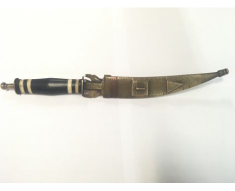 Unusual antique knife in brass scabbard with a wood and bone handle