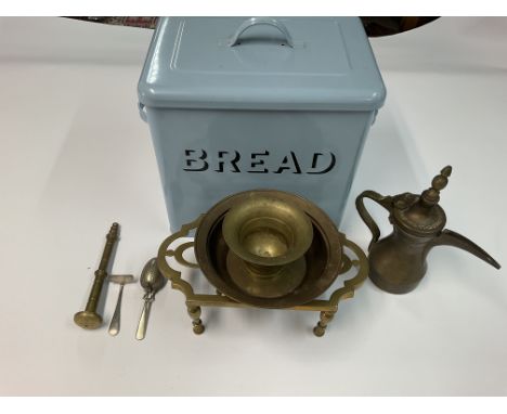 A small collection of vintage kitchen related items within a pale blue bread bin. NO RESERVE