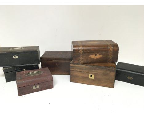 A collection of late Victorian boxes including a tea caddy leather jewellery boxes and sewing boxes (a lot)