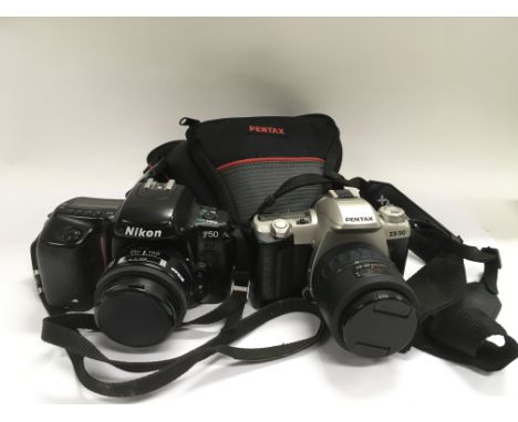 Two vintage cameras comprising a Nikon F50 and a Pentax ZX-50.