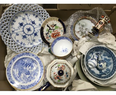 A box of mainly Oriental ceramics comprising an imari pattern teapot, a blue and white Copeland Spode meat plate, various pla