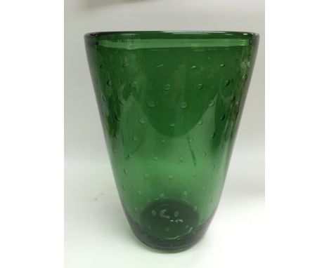 A Whitefriars style green glass vase, approx height 28cm.