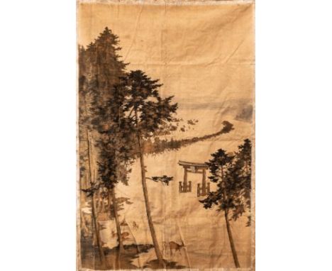 A JAPANESE YUZEN BIRODO WALL HANGING, MEIJI PERIOD (1868-1912) with areas of cut silk velvet resist dyed and painted, depicti