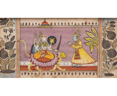 AN ILLUMINATION FROM A HINDU MANUSCRIPT, RAJASTHAN, EARLY 19TH CENTURY gouache and gold on paper, depicting Durga on her lion