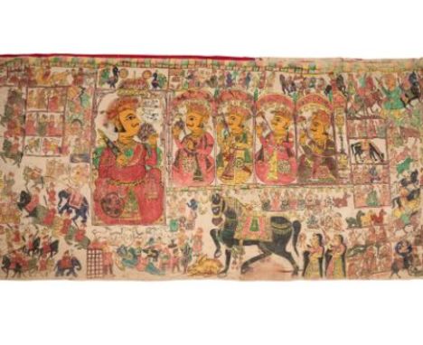 A PABUJI PHADA, RAJASTHAN, EARLY 20TH CENTURY pigment with ink on cotton, of long, horizontal rectangular form, devanagari in