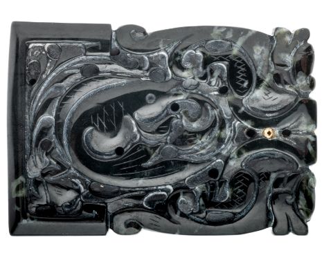 A CHINESE GREEN HARDSTONE 'CARP' PLAQUE, 19TH CENTURY the rectangular plaque carved and pierced with fish amidst aquatic foli