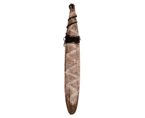 *A LARGE ABORIGINAL BULL-ROARER, AUSTRALIA, 20TH CENTURY OR EARLIER wood with abstract painted decoration, string made of hum