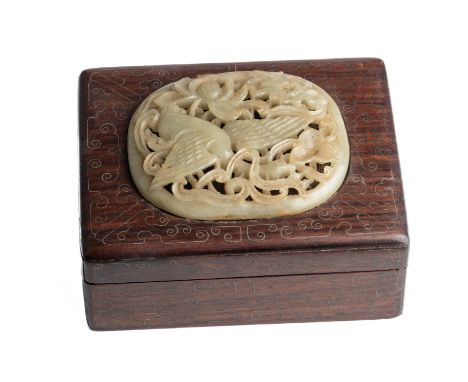 A CHINESE JADE-INSET WOOD BOX AND COVER, THE JADE MING DYNASTY the domed oval plaque carved with a goose amidst lotus, the st