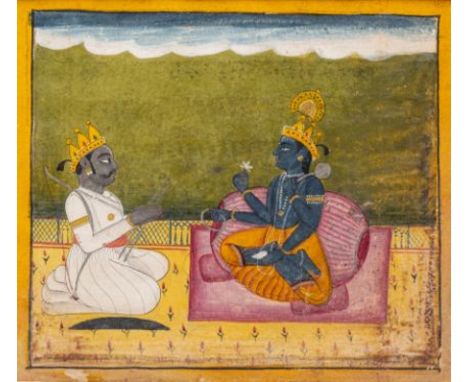 ARJUNA TALKING WITH KRISHNA, A SCENE FROM THE BHAGAVAD GITA, PUNJAB HILLS, EARLY 19TH CENTURY gouache with gold on paper, an 