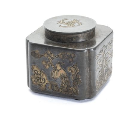 A CHINESE PEWTER SMALL TEA CADDY AND COVER, 18TH CENTURY the square body with canted corners and raised on four short bracket