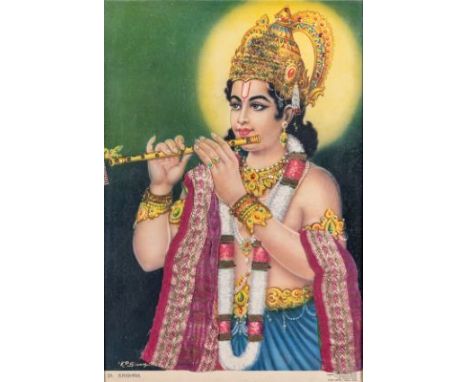 * KRISHNA PLAYING HIS FLUTE, AFTER K.P.SIVAM, INDIA, MID-20TH CENTURY oleograph with silk, metal thread and sequin applique, 