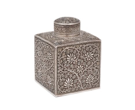 A SILVER TEA CADDY, KASHMIR, LATE 19TH CENTURY of cubed form, with convex shoulder and cylindrical neck and stopper, the top 