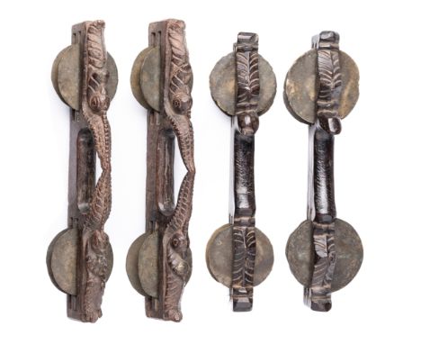 *TWO PAIRS OF RATTLES (KHARTAL), NORTHERN INDIA, 19TH / 20TH CENTURY carved wood, each with central handle flanked by twin ji