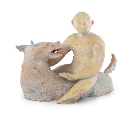 JANET MULLARNEY (b.1952)Boy and DogPainted Ceramic and timber, 38cm high x 44cm long x 31cm deepProvenance: From the Antoinet