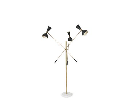 A brass Triennale floor lamp with black enamel diabolo shades, c.1960, Italy. 180cm high.