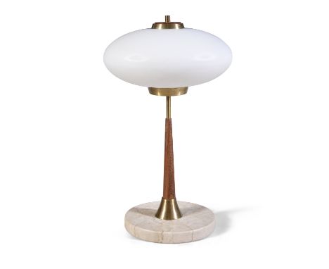 A 1960s table lamp, with a brass and wood stem, with opaque glass shade, on a marble base, Italy. 55cm high.