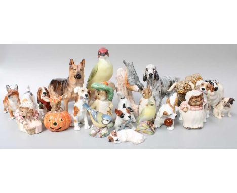 Royal Doulton Dogs and Puppies, together with Royal Worcester Woodpecker and other birds, Beswick Beatrix Potter etc. (one tr