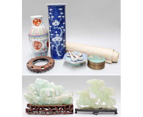 A Selection of Oriental items consisting of, two jade type groups, Chinese blue and white vase, Chinese vase, wooden stand et