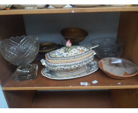 A Portugese Faience Tureen, Cover, Stand and Ladel, together with a set of kitchen scales and weights, a studio pottery bowl 