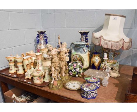 A Pair of Austrian Porcelain Figures of Maidens, together with a similar table lamp, candlestick, modern Chinese porcelain 5 