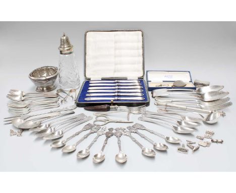 A Collection of Assorted Silver and Silver Plate, the silver including a cased set of tea knives; a napkin-clip; a snuff-box;