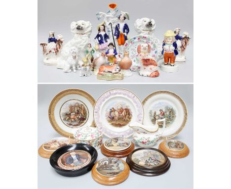 A Group of 19th century Staffordshire and Prattware including, pot lids depicting bear, etc